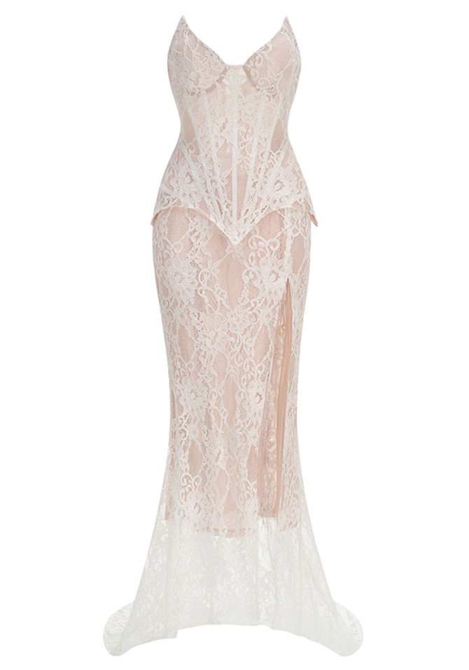 Strapless Lace Corset Two Piece Maxi Dress White