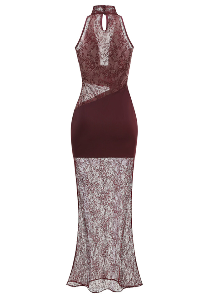 Lace Insert Draped Detail Maxi Dress Burgundy