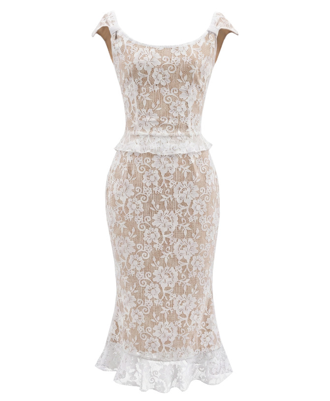 Lace Fluted Midi Dress White