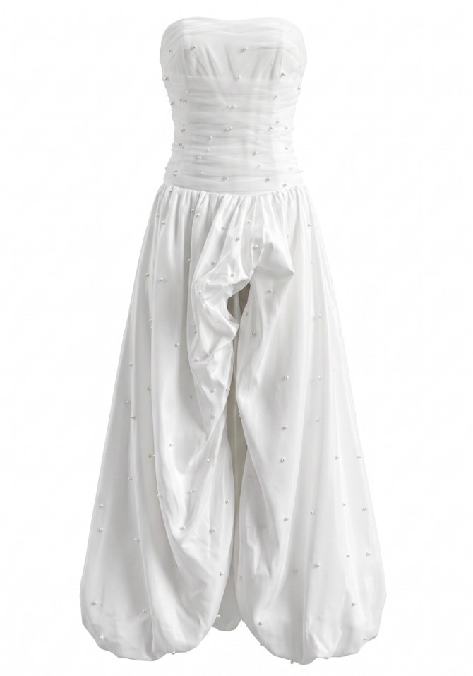 Strapless Pearl Bubble Maxi Dress White