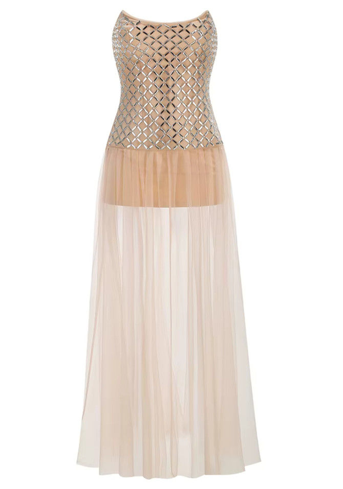 Strapless Embellished Mesh A Line Maxi Dress Nude