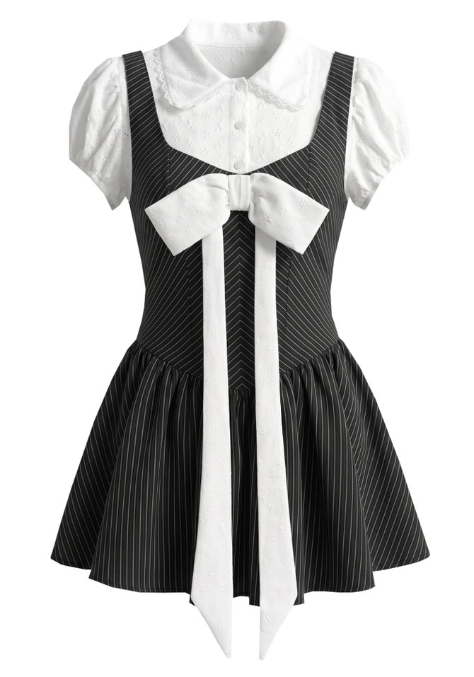 Short Sleeve Bow Detail A Line Dress Black