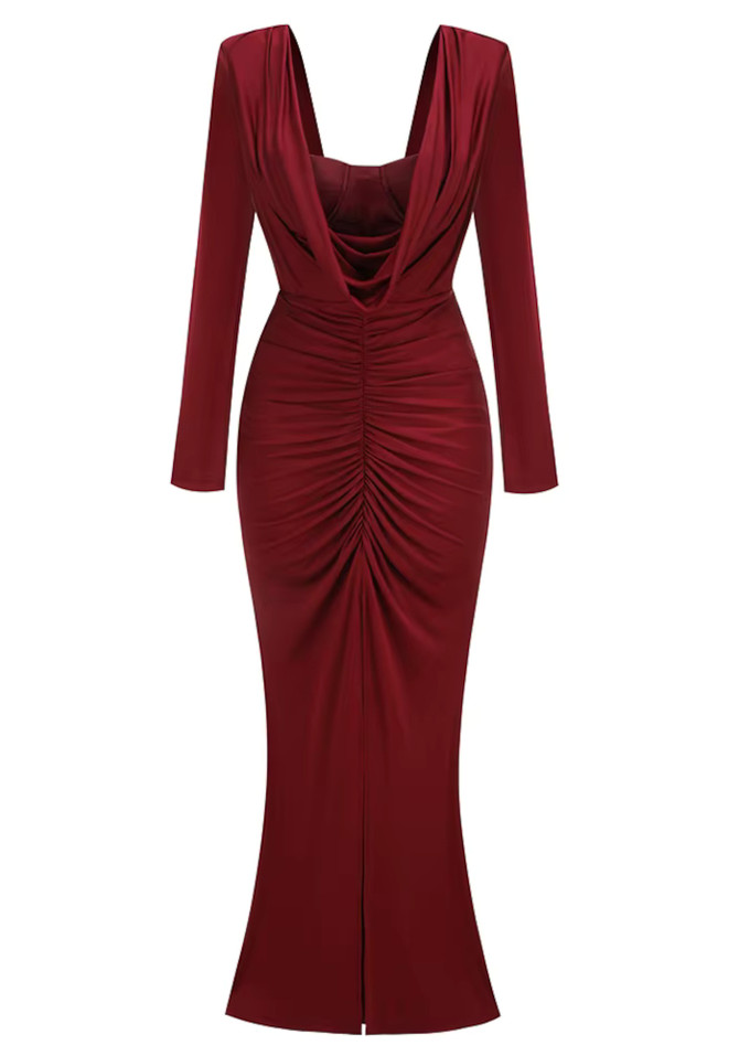 Long Sleeve Draped Bustier Maxi Dress Burgundy