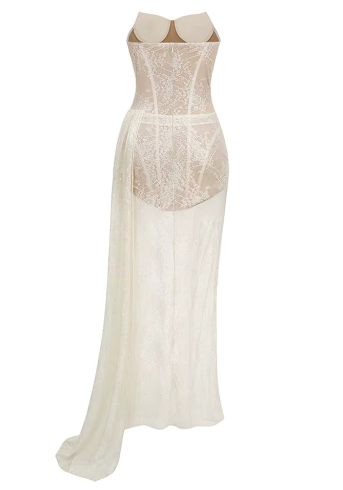 Strapless Draped Lace Bustier Maxi Dress Ivory