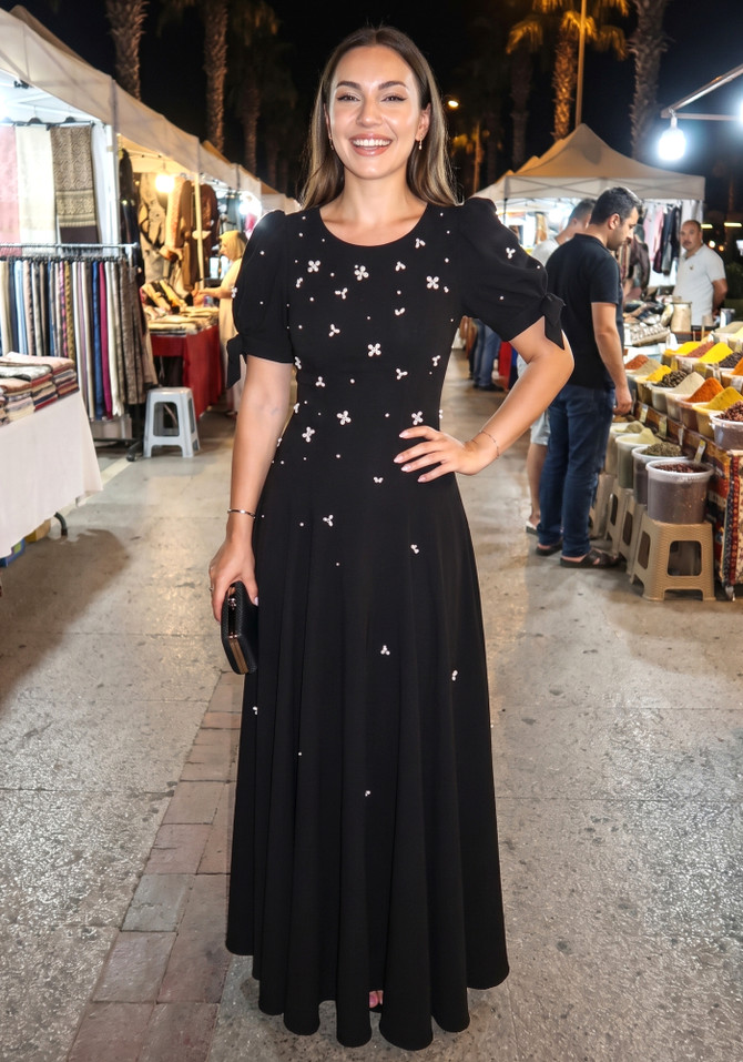 Short Sleeve Crystal A Line Maxi Dress Black