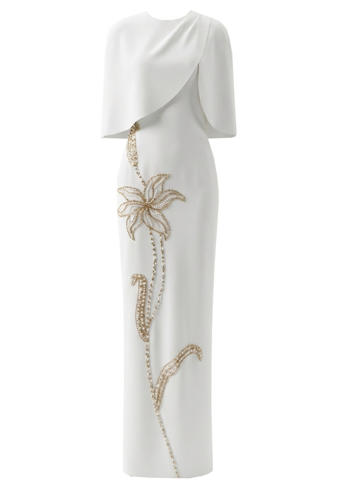 Cape Detail Floral Embellished Maxi Dress White