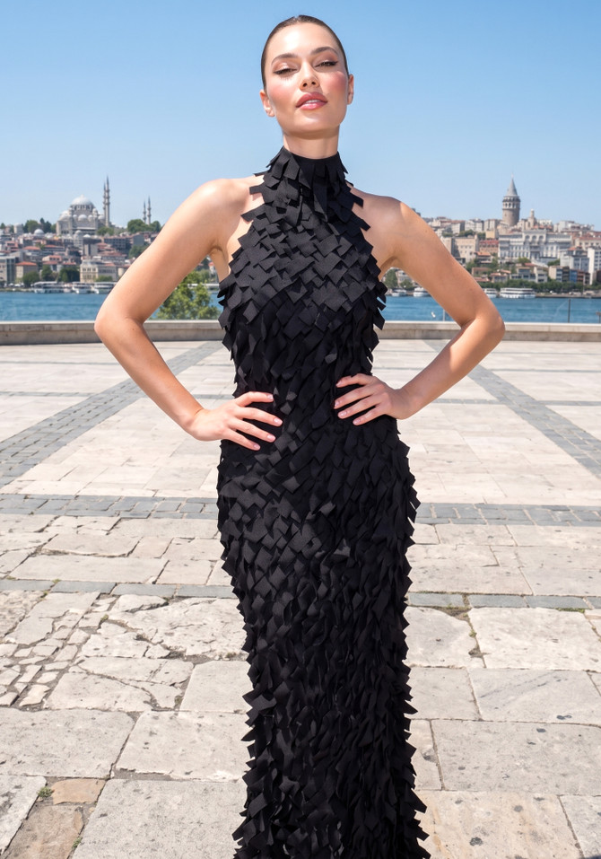 Halter 3D Detail Maxi Dress Black