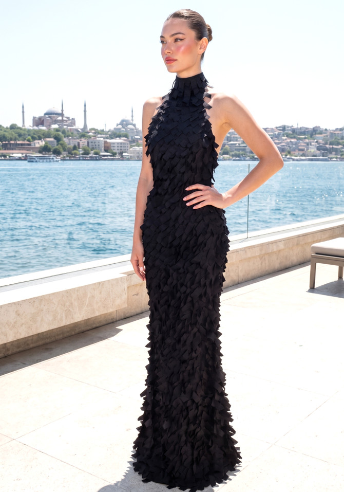 Halter 3D Detail Maxi Dress Black