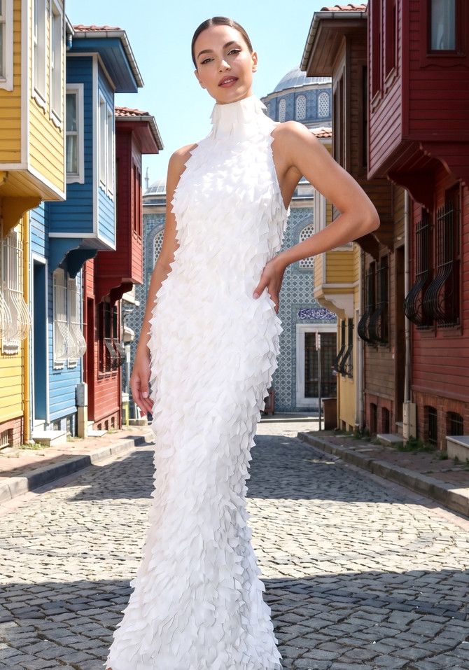 Halter 3D Detail Maxi Dress White