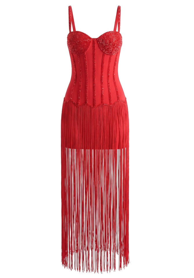 Embellished Bustier Tassel Maxi Dress Red