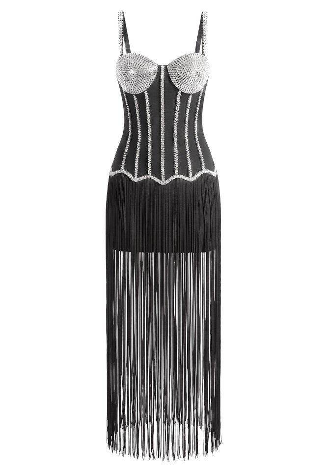 Embellished Bustier Tassel Maxi Dress Black