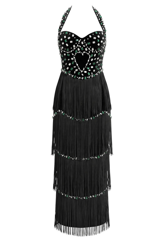 Halter Crystal Tassel Maxi Dress Black