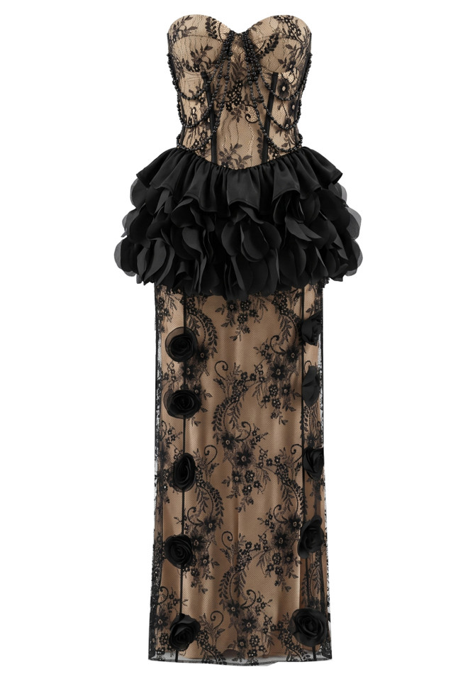 Strapless Petal Detail Lace Maxi Dress Black