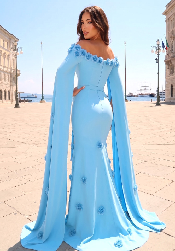 Floral Cape Sleeve Maxi Dress Blue