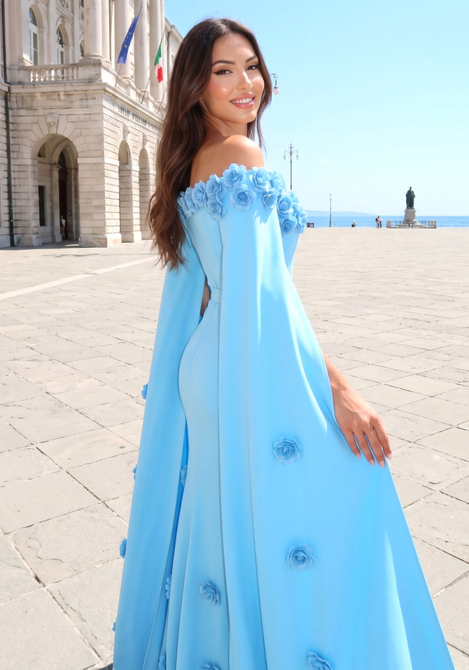 Floral Cape Sleeve Maxi Dress Blue