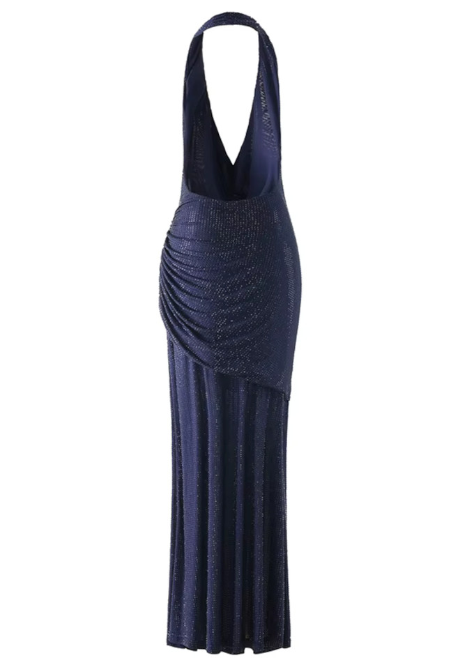 Halter Draped Embellished Maxi Dress Blue