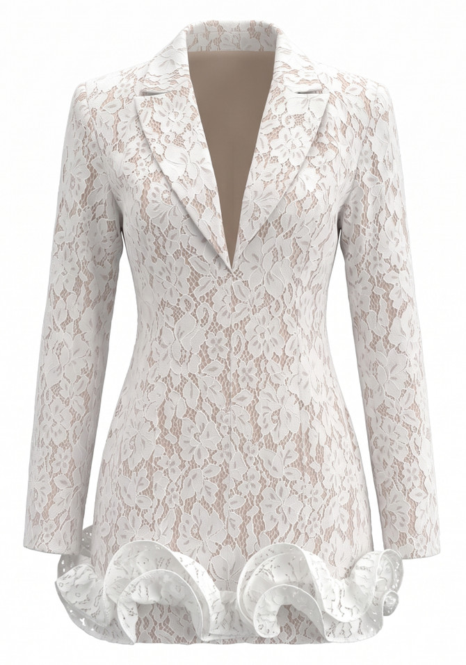 Long Sleeve Lace Floral Blazer Dress White