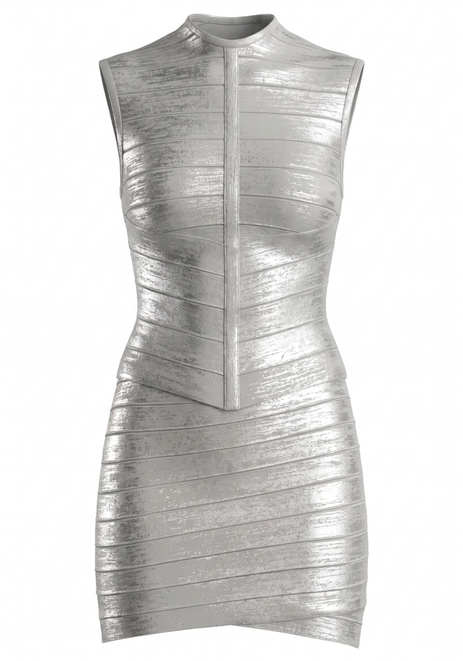 Woodgrain Foil Print Two Piece Dress Silver