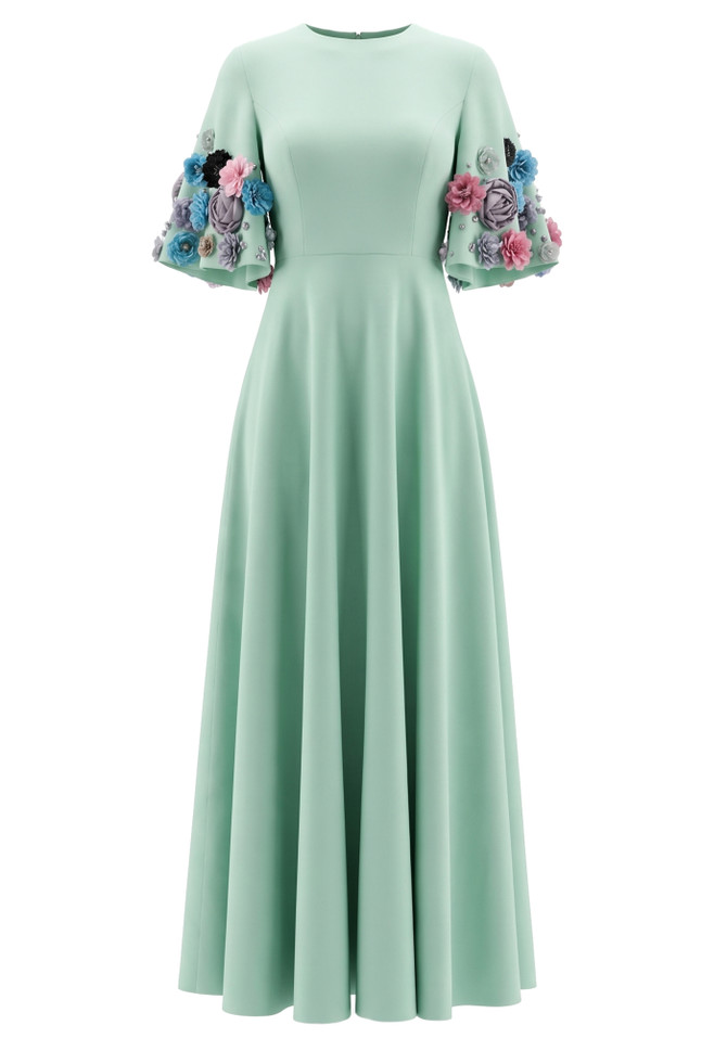 Short Sleeve Floral A Line Maxi Dress Green