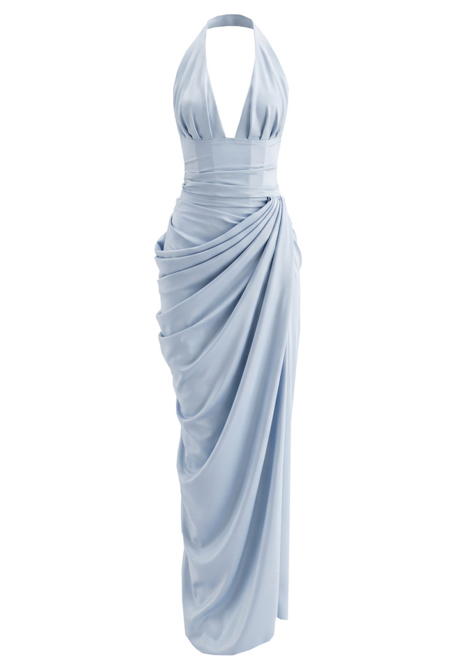 Halter Draped Corset Maxi Dress Light Blue