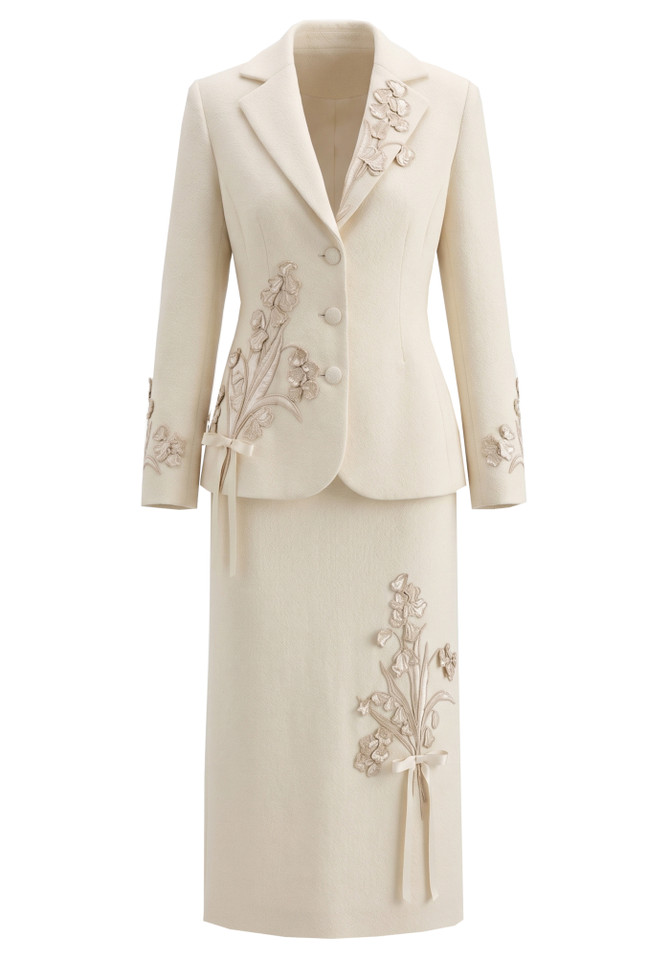 Long Sleeve Floral Embroidered Midi Two Piece Dress Ivory