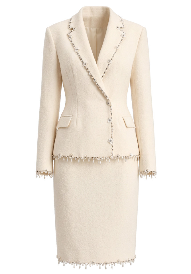Long Sleeve Embellished Trim Two Piece Dress Ivory