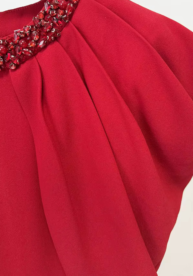 Embellished Neckline Draped Maxi Dress Red