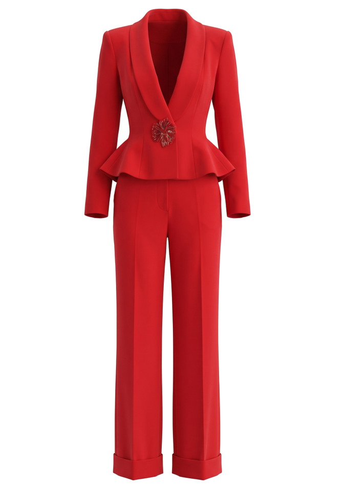 Long Sleeve Floral Detail Peplum Suit Red