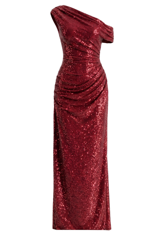 One Shoulder Bardot Embellished Maxi Dress Red