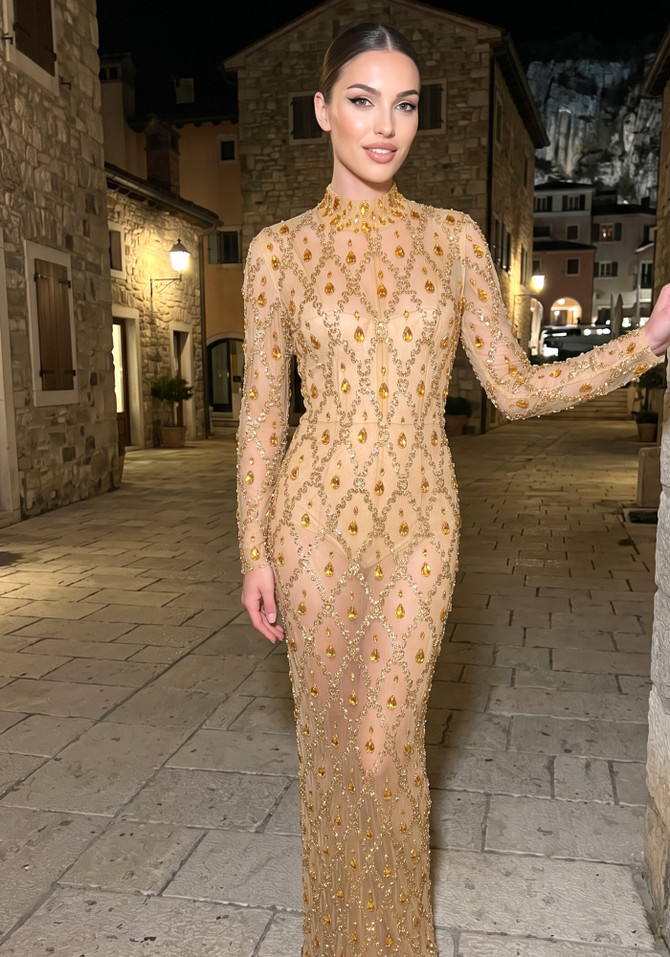 Long Sleeve Embellished Sequin Mesh Maxi Dress Gold