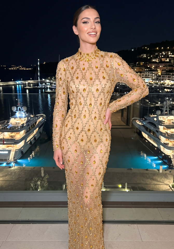 Long Sleeve Embellished Sequin Mesh Maxi Dress Gold