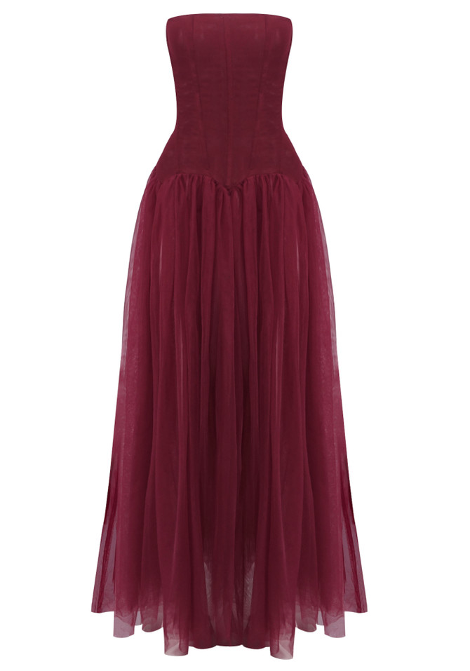 Strapless Structured A Line Maxi Dress Burgundy