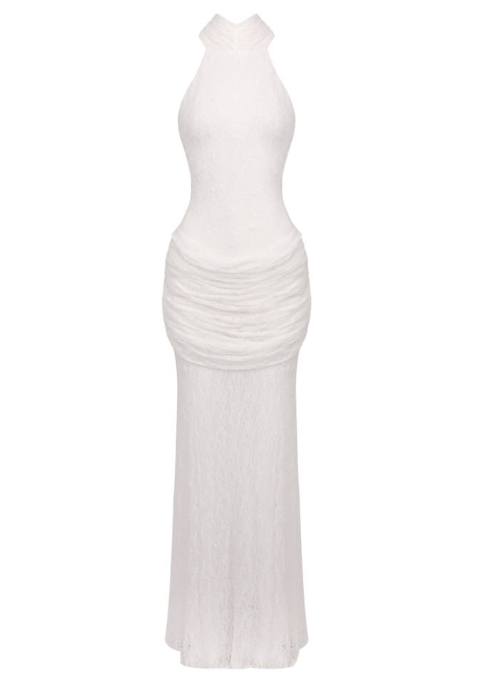 Halter Draped Lace Maxi Dress White