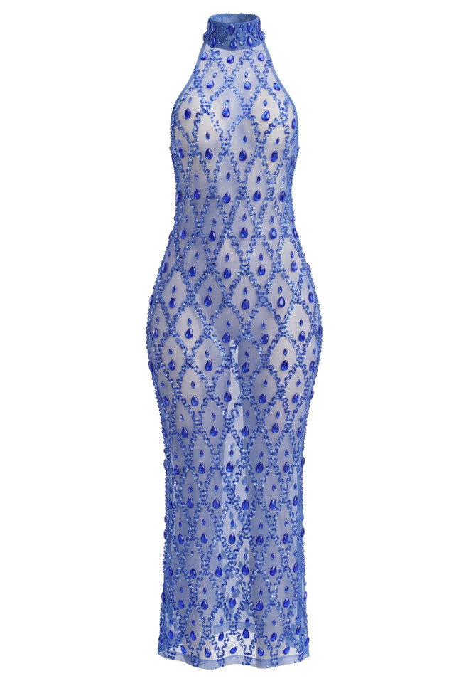Crystal Sequin Mesh Maxi Dress Blue