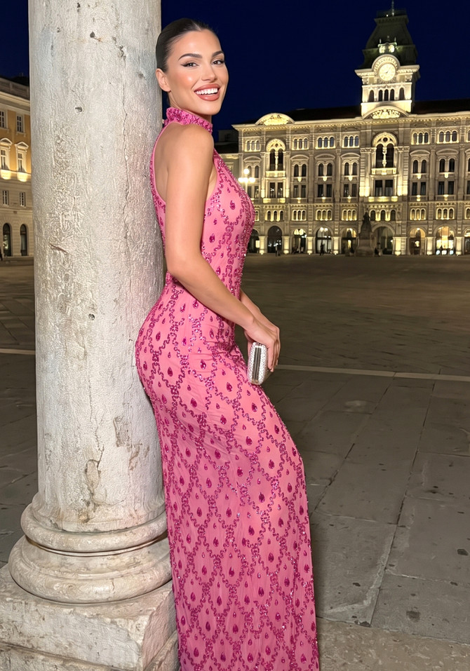 Crystal Sequin Mesh Maxi Dress Hot Pink
