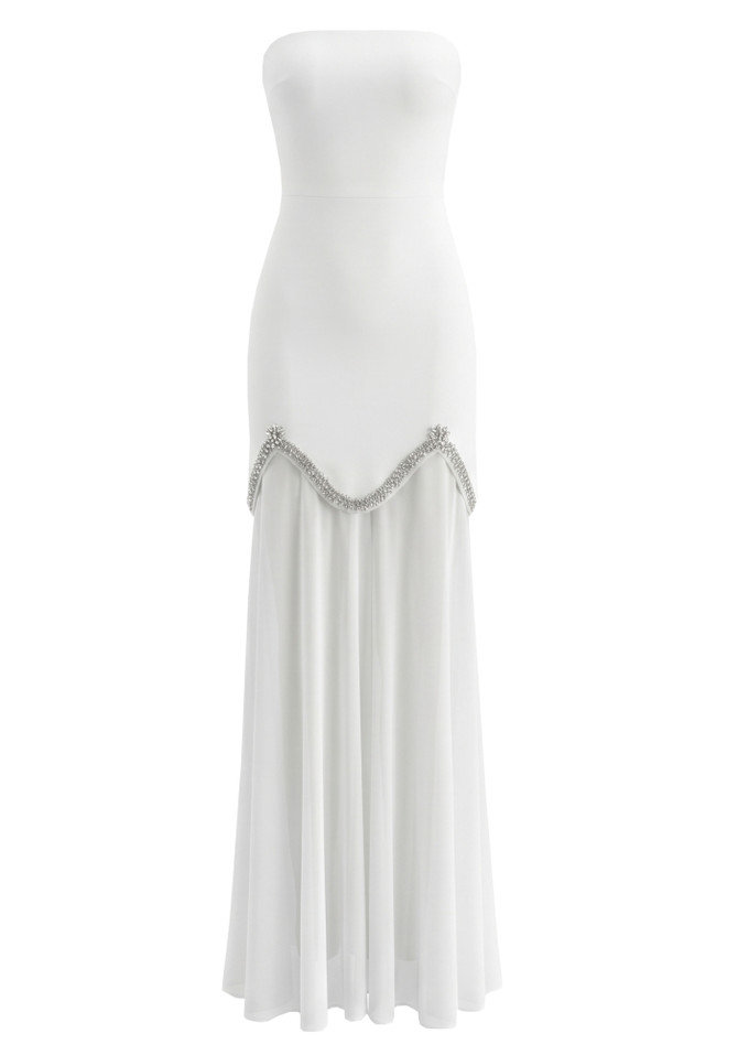 Strapless Crystal Detail A Line Maxi Dress White