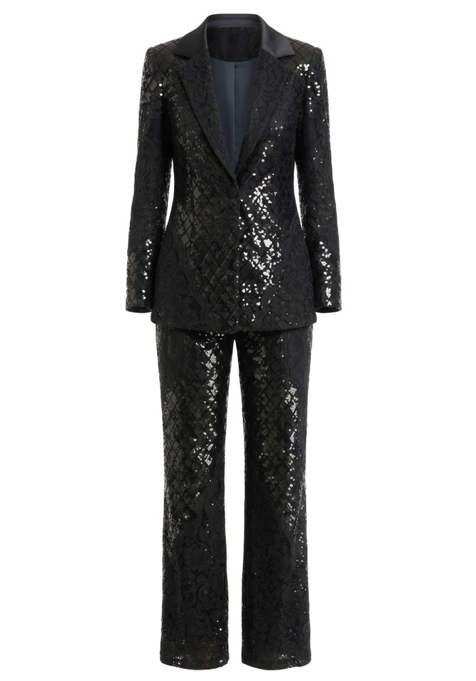 Lace Lapel Sequin Suit Black