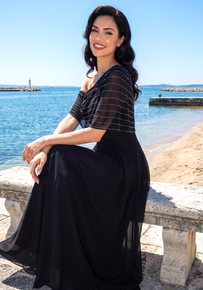 Embellished Bardot A Line Maxi Dress Black