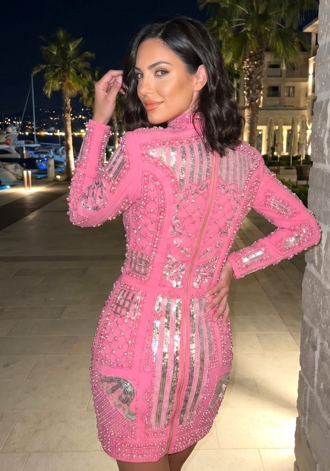 Long Sleeve Sequin Embellished Dress Hot Pink