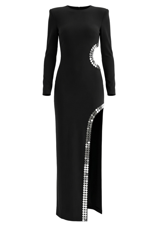 Long Sleeve Long Sequin Cut Out Maxi Dress Black