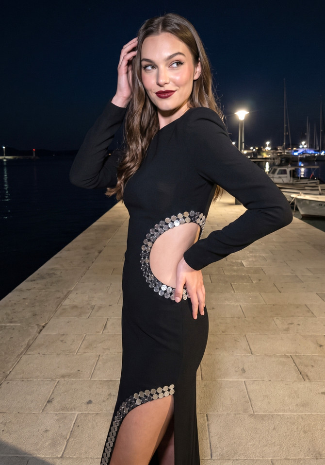 Long Sleeve Long Sequin Cut Out Maxi Dress Black