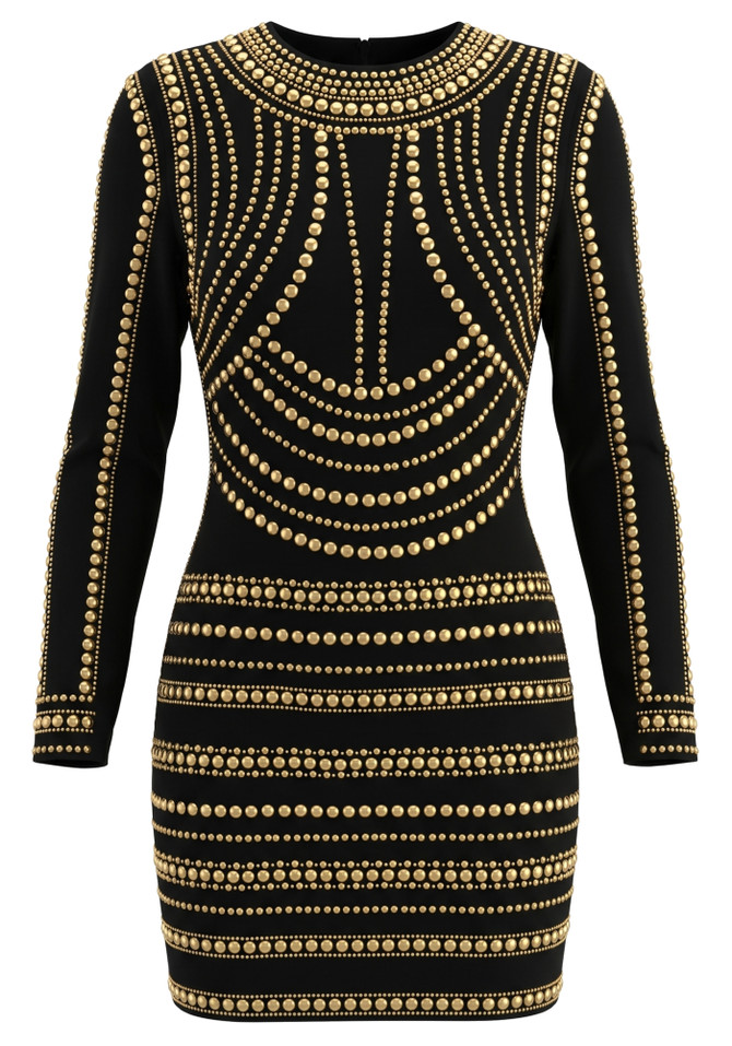 Long Sleeve Studded Dress Black Gold