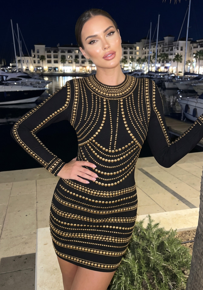 Long Sleeve Studded Dress Black Gold