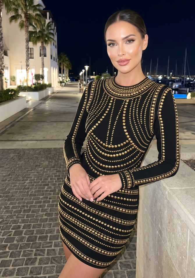 Long Sleeve Studded Dress Black Gold