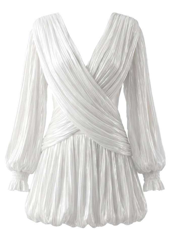 Long Sleeve Draped Bubble Dress White