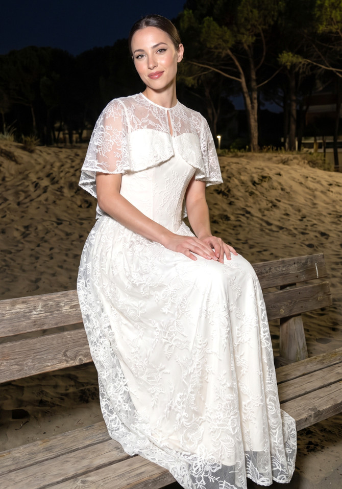 Lace Cape Strapless A Line Maxi Dress Ivory