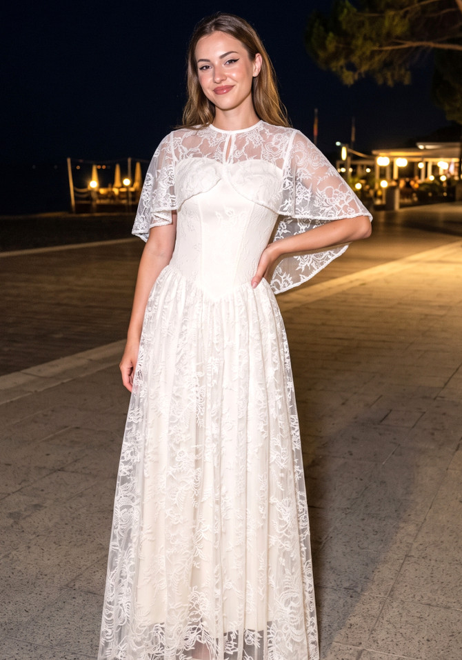 Lace Cape Strapless A Line Maxi Dress Ivory