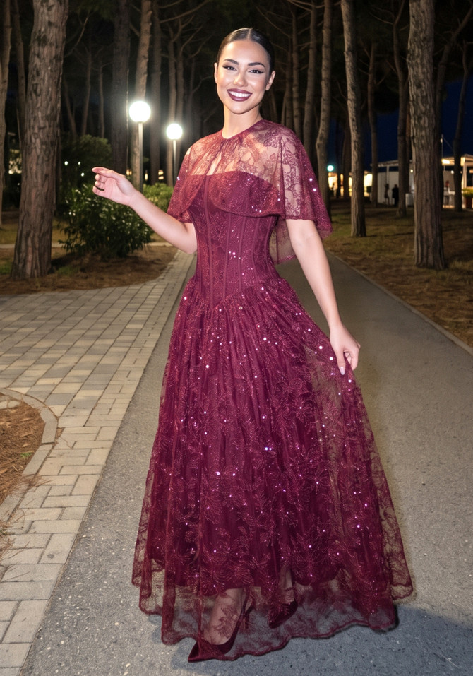 Lace Cape Strapless A Line Maxi Dress Burgundy