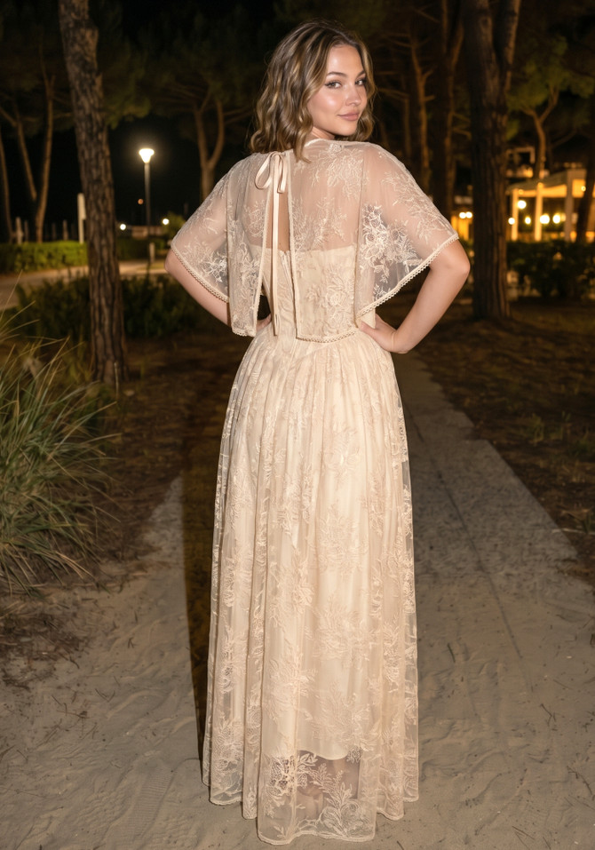 Lace Cape Strapless A Line Maxi Dress Champagne