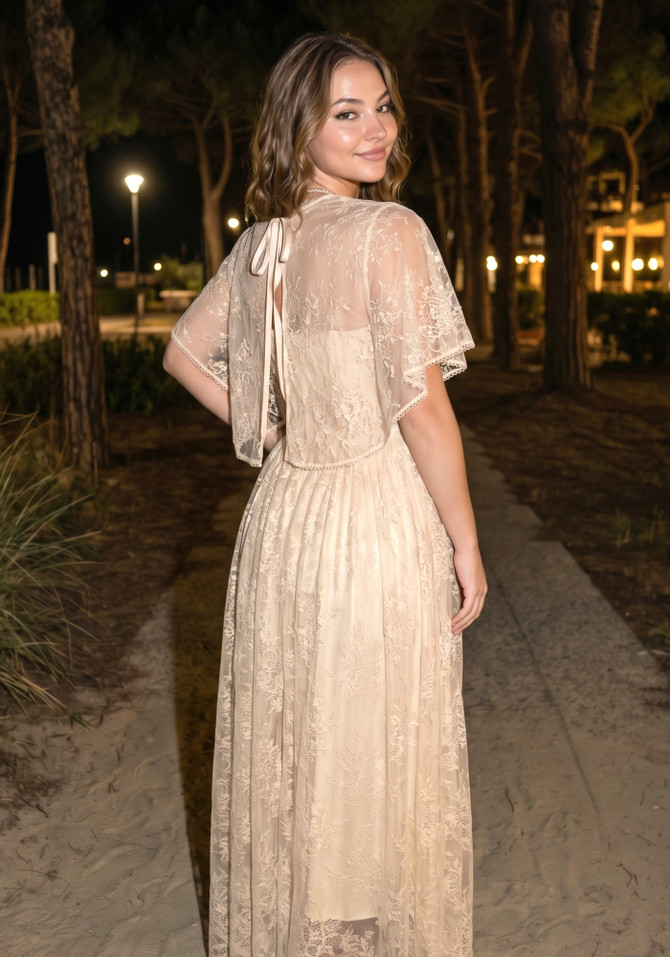 Lace Cape Strapless A Line Maxi Dress Champagne